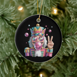 Pink Nutcracker Disco Ball Sunglasses Peace Sign Ceramic Tree Decoration