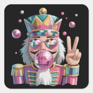 Pink Nutcracker Disco Ball Sunglasses Peace Sign Square Sticker