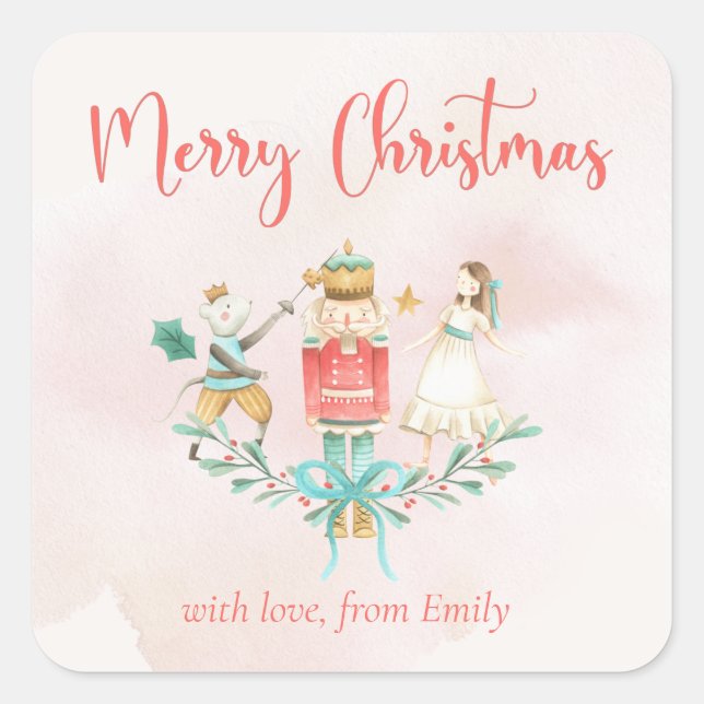Pink Nutcracker Girl Gift Holly Christmas Holiday Square Sticker (Front)