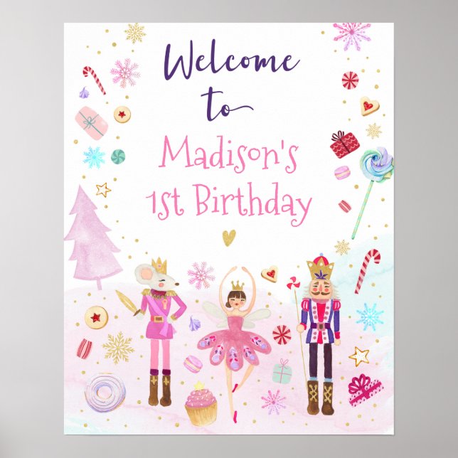 Pink Nutcracker Land of Sweets Birthday Welcome Poster (Front)