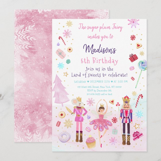 Pink Nutcracker Land of Sweets Winter Birthday Invitation (Front/Back)