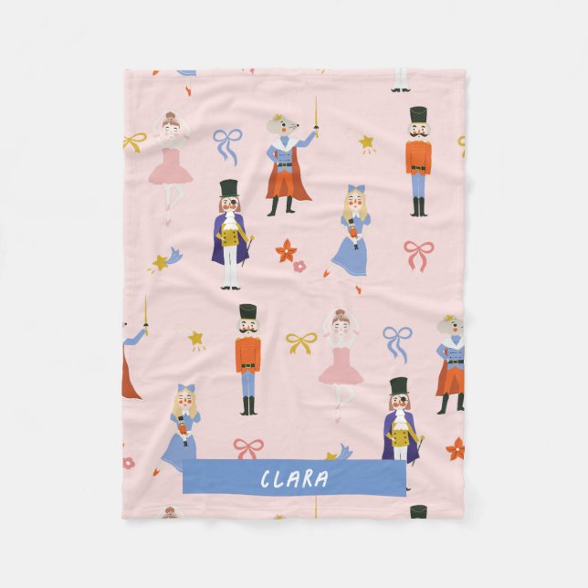 Pink Nutcracker Pattern Holiday Fleece Blanket (Front)