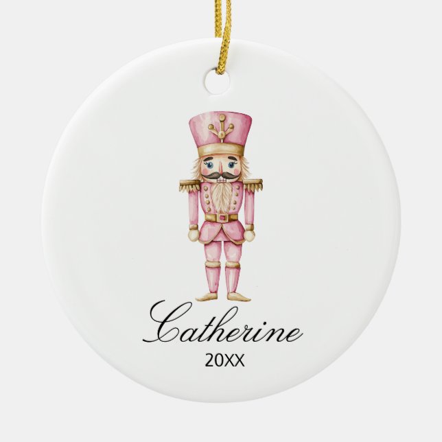 Pink Nutcracker Winter Christmas Decor Custom Name Ceramic Tree Decoration (Front)