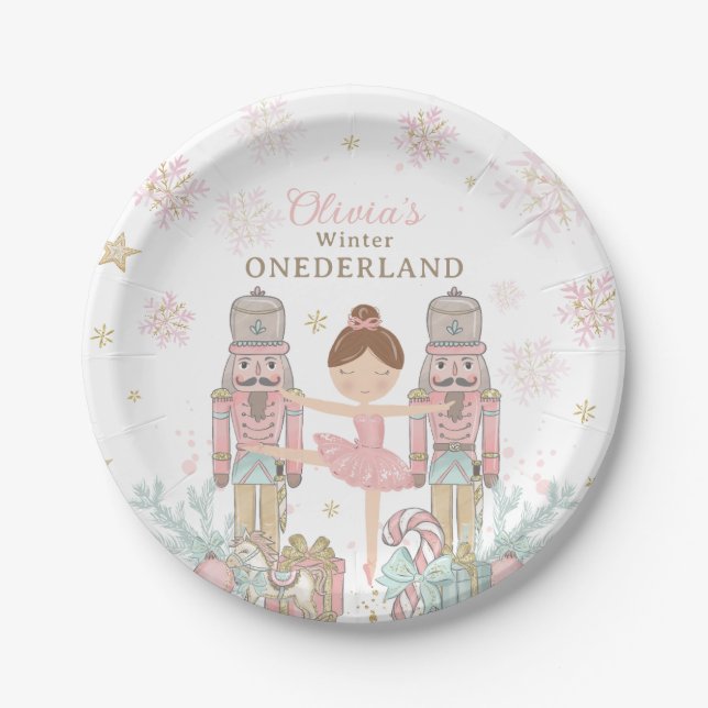 Pink Nutcracker Winter Onederland 1st Birthday Paper Plate (Front)