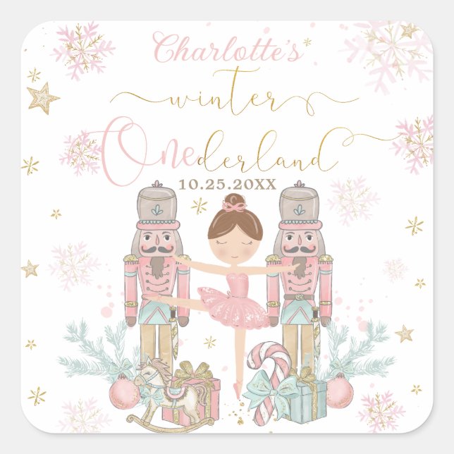Pink Nutcracker Winter Onederland 1st Birthday Square Sticker (Front)