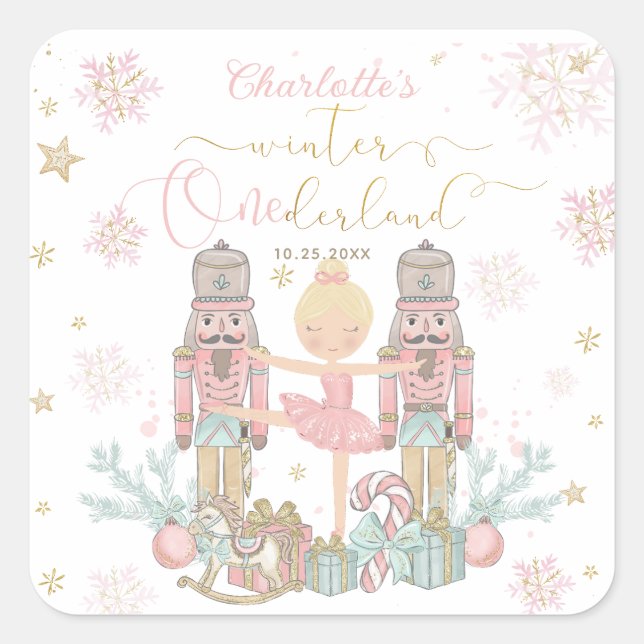 Pink Nutcracker Winter Onederland 1st Birthday Square Sticker (Front)