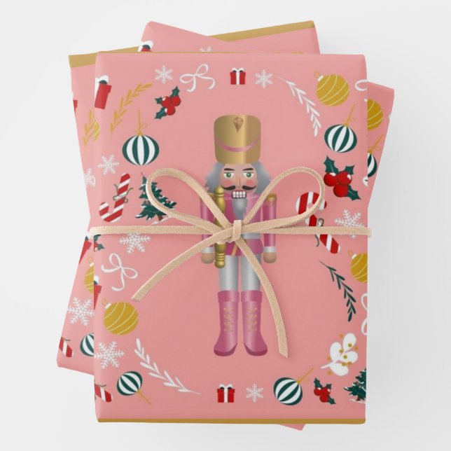 Pink Nutcracker Wrapping Paper Sheets Set of 3. (In situ)