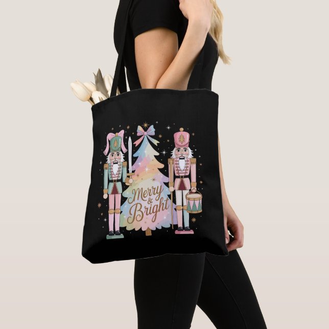 Pink Nutcrackers Christmas Tree Coquette Bow Xmas Tote Bag (Close Up)