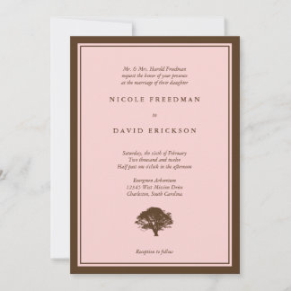 Pink oak tree brown simple wedding invitation