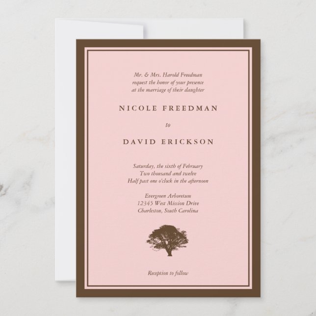 Pink oak tree brown simple wedding invitation (Front)