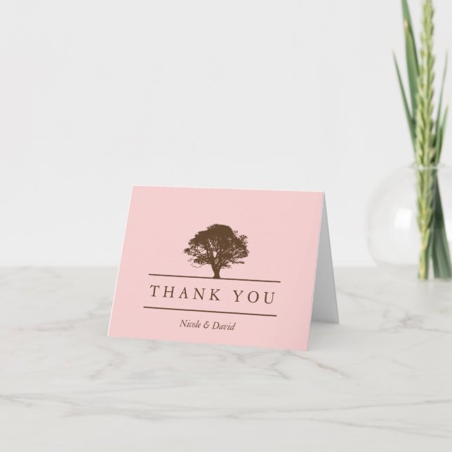 Pink oak tree personalised thank you note card (Front)