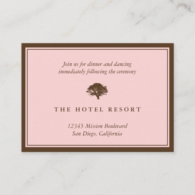 Pink oak tree wedding reception enclosure cards (Front)
