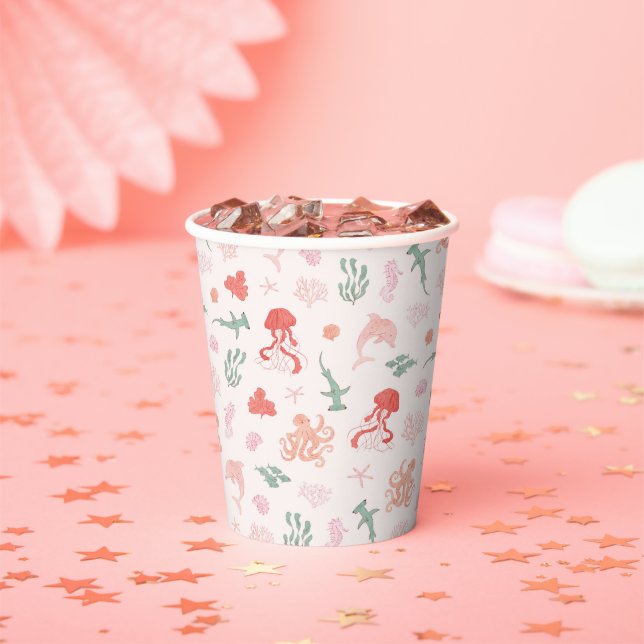 Pink Ocean Animal Pattern Baby Shower Paper Cups (Insitu)