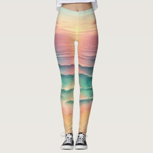 Pink Ocean Beach Sea Watercolor Sun Sand Leggings