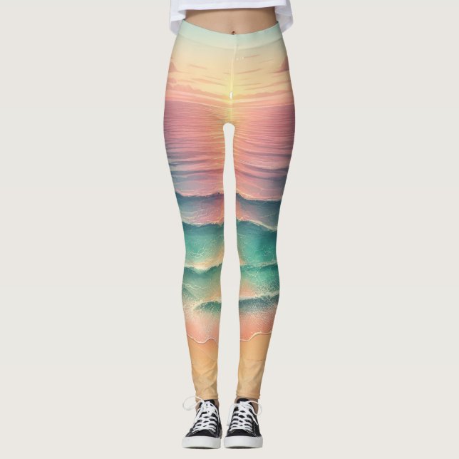 Pink Ocean Beach Sea Watercolor Sun Sand Leggings (Front)