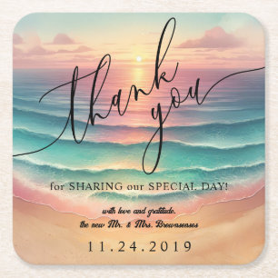 Pink Ocean Beach Sunny Watercolor Summer Party Square Paper Coaster