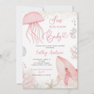 Pink Ocean Sea You Soon Girl Baby Shower Invitation