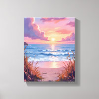 Pink Ocean Sunset Beach Watercolor Painting