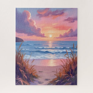 Pink Ocean Sunset Beach Watercolor Painting Jigsaw Puzzle