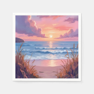 Pink Ocean Sunset Beach Watercolor Painting Napkin