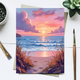 Pink Ocean Sunset Beach Watercolor Painting Postcard