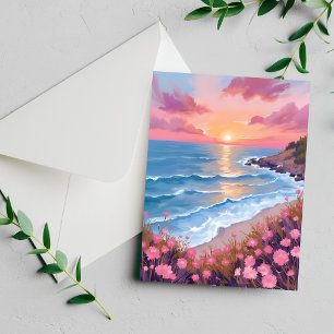 Pink Ocean Sunset Watercolor Flowers Painting Card