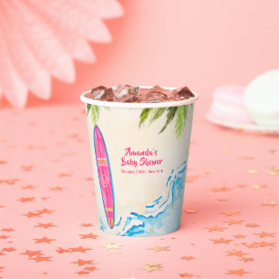 Pink Ocean Surf Plam Tree Beach Baby Shower Paper Cups