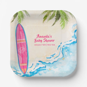 Pink Ocean Surf Plam Tree Beach Baby Shower Paper Plate