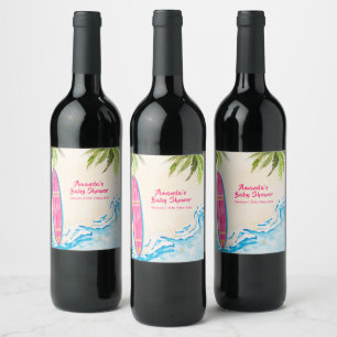 Pink Ocean Surf Plam Tree Beach Baby Shower  Wine Label