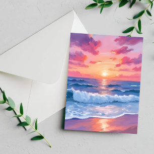 Pink Ocean Waves Sunset Watercolor Card