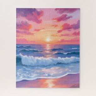 Pink Ocean Waves Sunset Watercolor Jigsaw Puzzle