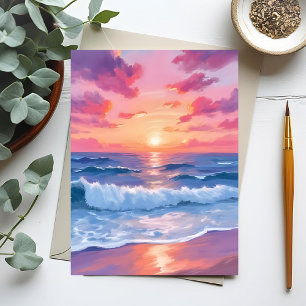 Pink Ocean Waves Sunset Watercolor Postcard