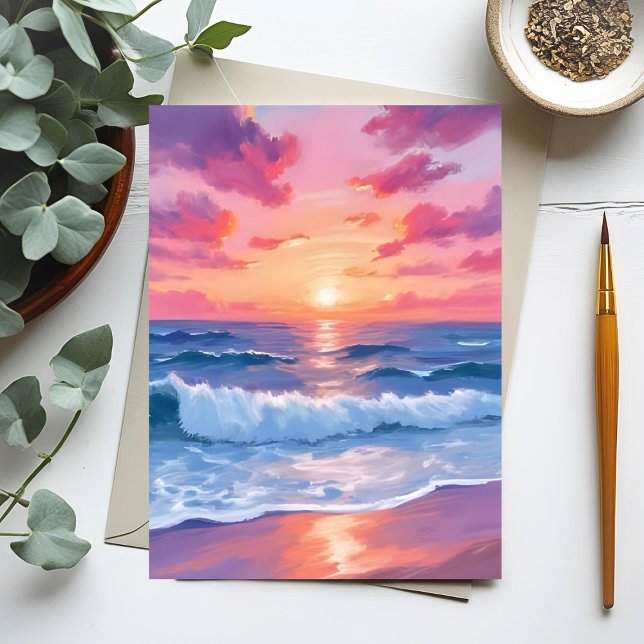 Pink Ocean Waves Sunset Watercolor Postcard (Creator Uploaded)