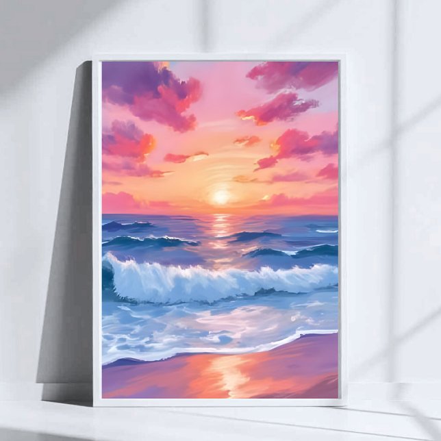 Pink Ocean Waves Sunset Watercolor Poster (Creator Uploaded)