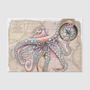 Pink Octopus Full Vintage Map Compass Beach Tissue Paper