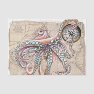 Pink Octopus Full Vintage Map Compass Beach Tissue Paper
