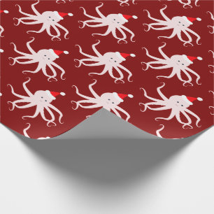 Pink Octopus in Santa Hat Christmas Maroon Wrapping Paper