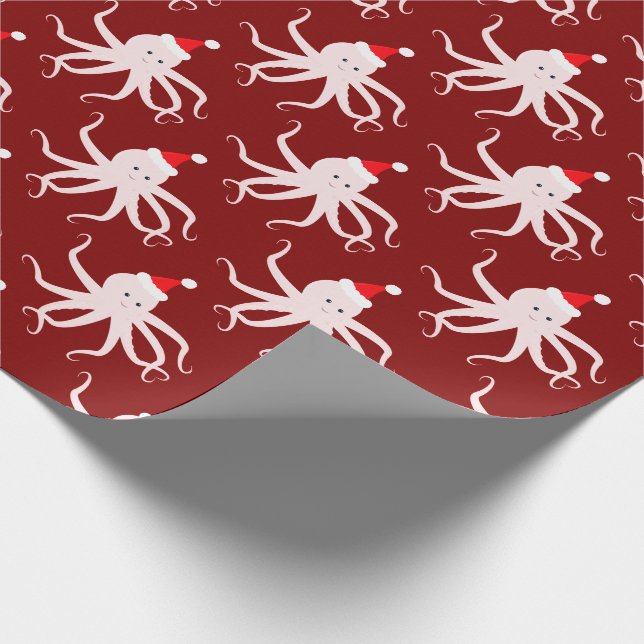 Pink Octopus in Santa Hat Christmas Maroon Wrapping Paper (Corner)