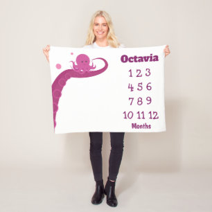 Pink Octopus Name Milestone Fleece Blanket
