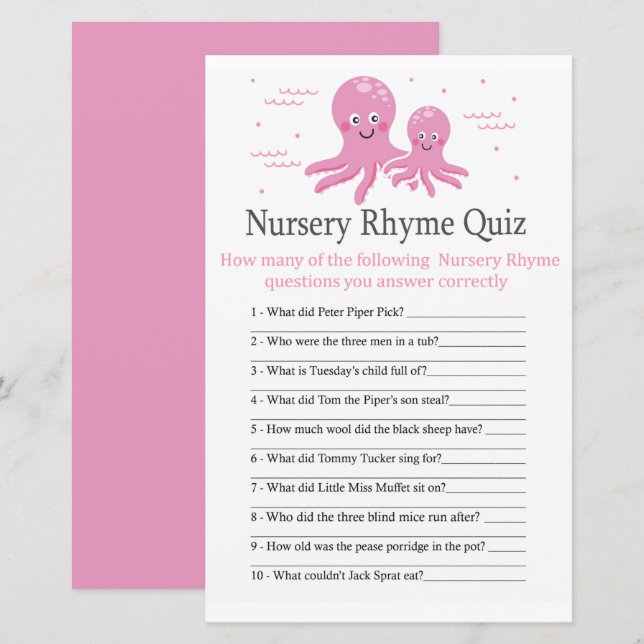 Pink Octopus Nursery Rhyme Quiz baby shower game (Front/Back)