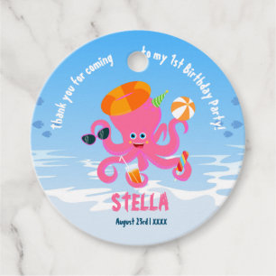 Pink octopus summer baby girl Birthday Party Favour Tags