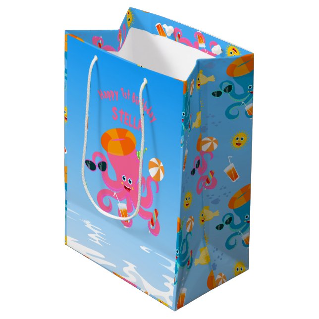 Pink octopus summer baby girl Birthday Party Medium Gift Bag (Front Angled)