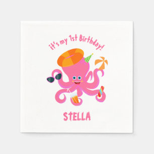 Pink octopus summer baby girl Birthday Party Napkin