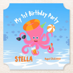 Pink octopus summer baby girl Birthday Party Paper Coaster