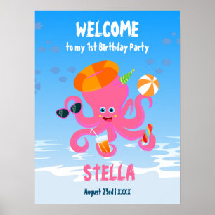 Pink octopus summer baby girl Birthday Party Poster