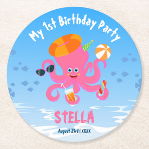 Pink octopus summer baby girl Birthday Party Round Paper Coaster