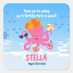 Pink octopus summer baby girl Birthday Party Square Sticker