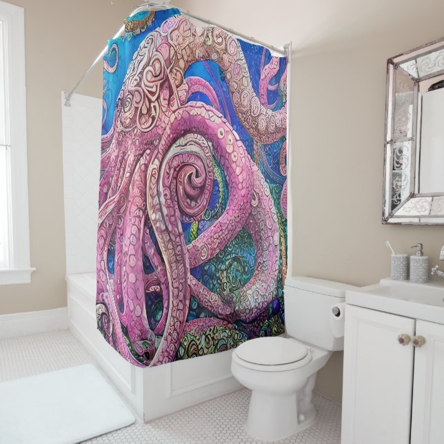 Pink Octopus Tentacles Shower Curtain (In Situ)