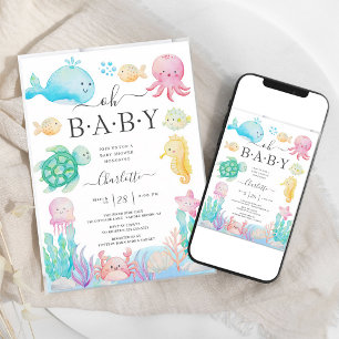 Pink Octopus Under The Sea Baby Girl Shower Invitation