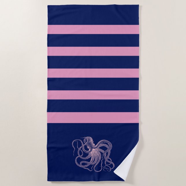 Pink octopus with blue and pink stripes beach towel (Front)
